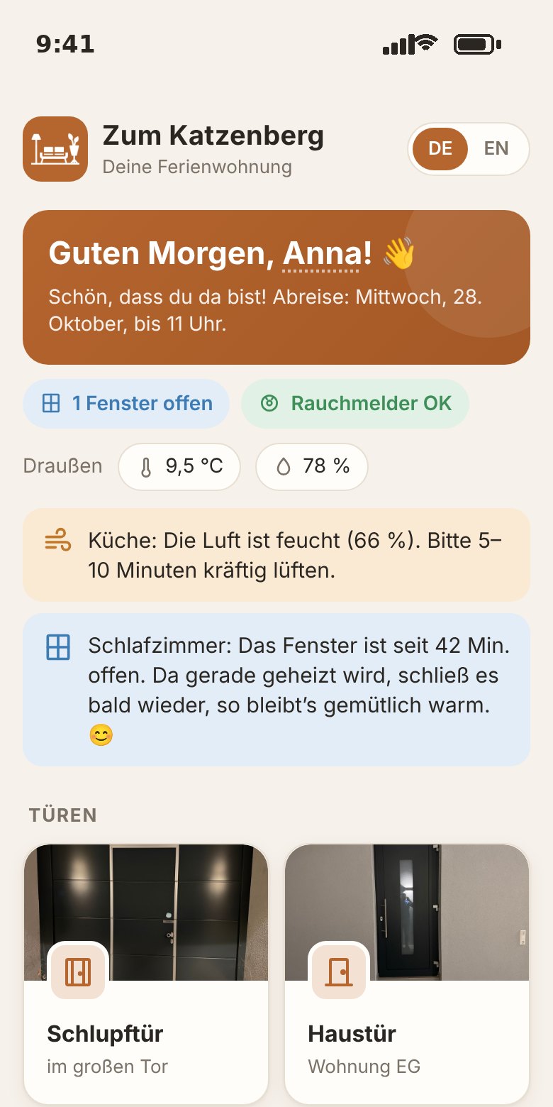 Startseite der Gäste-App mit Begrüßung, Fenster- und Rauchmelder-Status und Türen